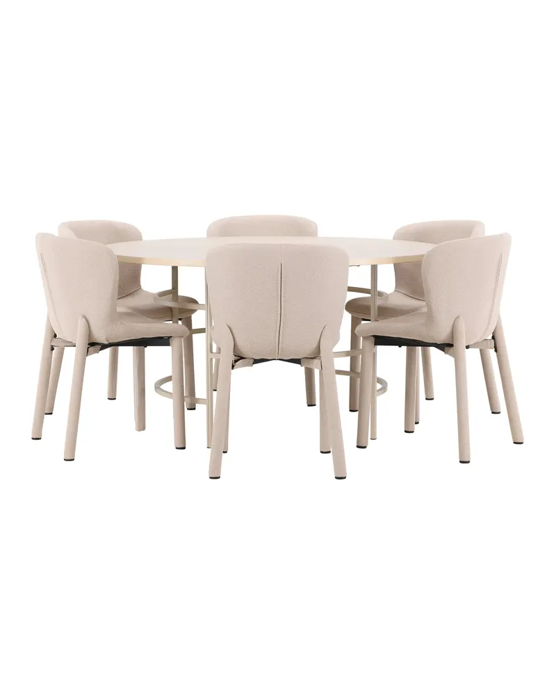 Copenhagen & Astoria Essgruppe mit rundem Esstisch und sechs Bouclé-Stühlen in Whitewash, Gestell Beige, Ansicht 8
