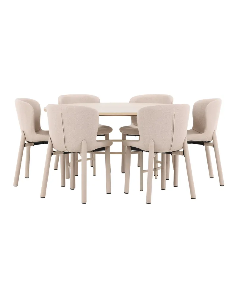 Copenhagen & Astoria Essgruppe mit rundem Esstisch und sechs Bouclé-Stühlen in Whitewash, Gestell Beige, Ansicht 9