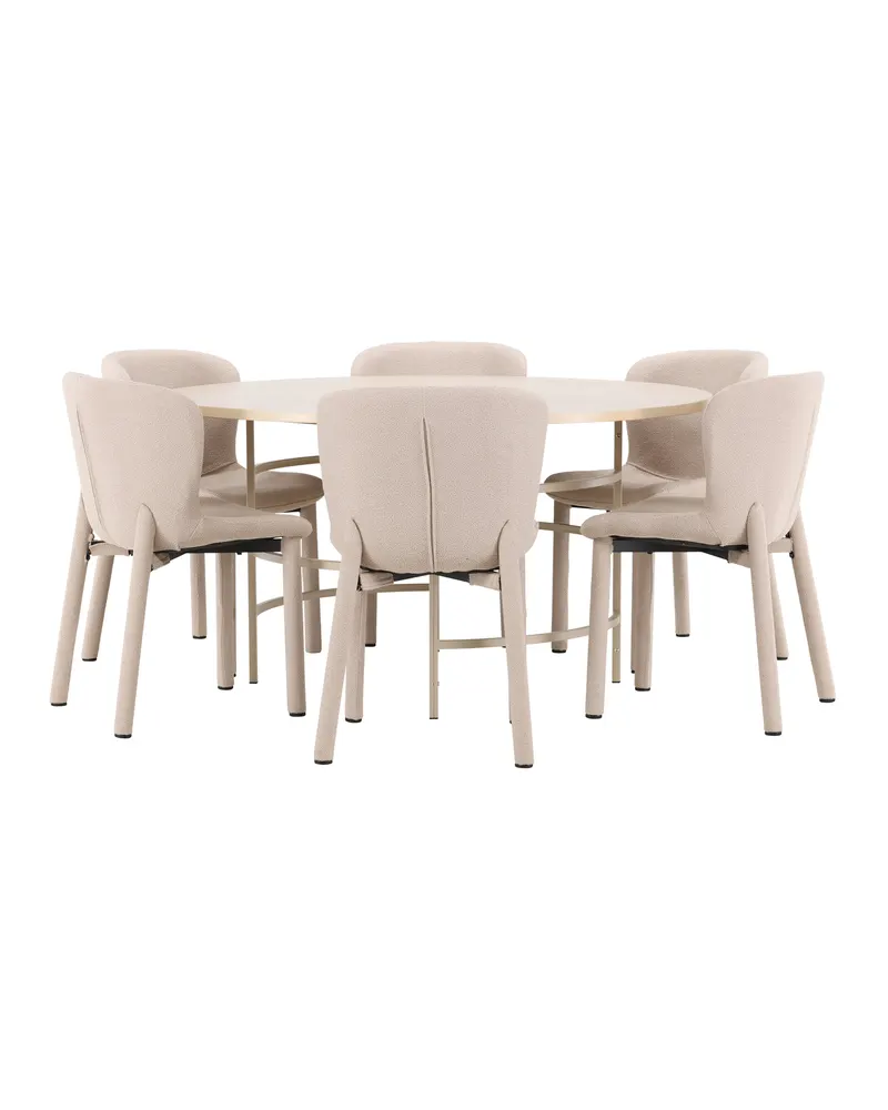 Copenhagen & Astoria Essgruppe mit rundem Esstisch und sechs Bouclé-Stühlen in Whitewash, Gestell Beige, Ansicht 10