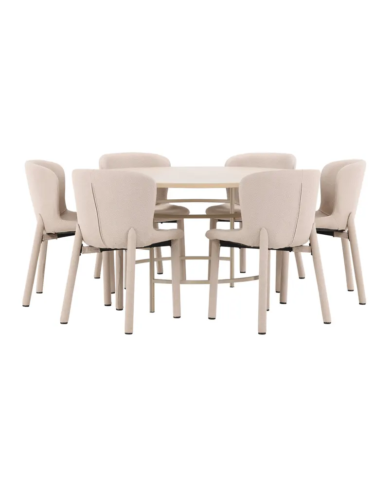 Copenhagen & Astoria Essgruppe mit rundem Esstisch und sechs Bouclé-Stühlen in Whitewash, Gestell Beige, Ansicht 11