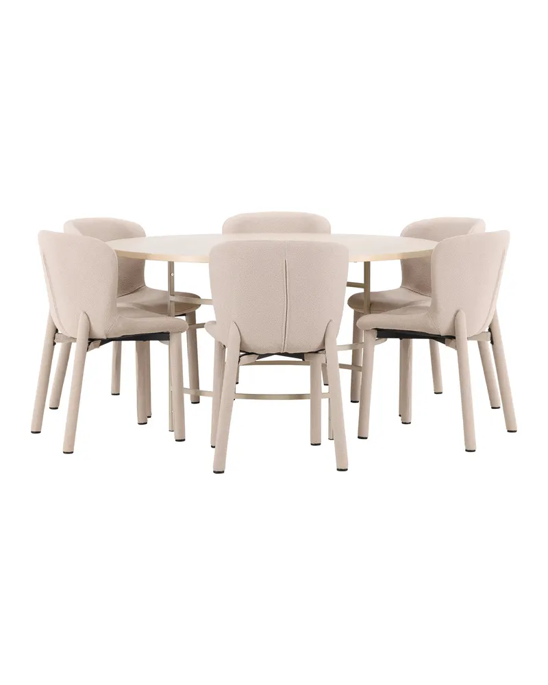 Copenhagen & Astoria Essgruppe mit rundem Esstisch und sechs Bouclé-Stühlen in Whitewash, Gestell Beige, Ansicht 12