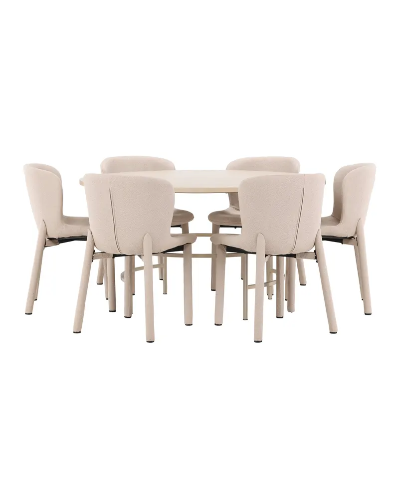 Copenhagen & Astoria Essgruppe mit rundem Esstisch und sechs Bouclé-Stühlen in Whitewash, Gestell Beige, Ansicht 2