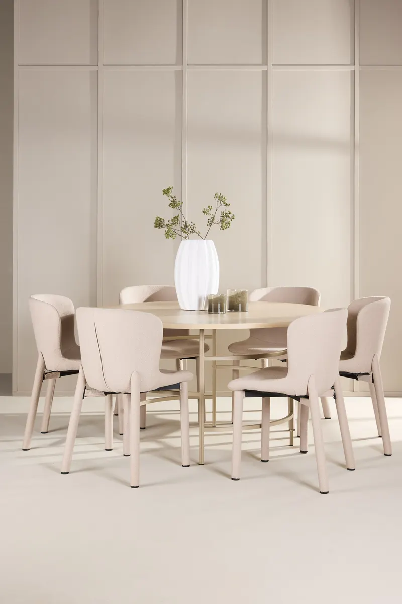Copenhagen & Astoria Essgruppe mit rundem Esstisch und sechs Bouclé-Stühlen in Whitewash, Gestell Beige, im Wohnraum, Ansicht 1