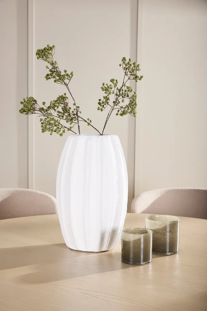 Copenhagen & Astoria Essgruppe mit rundem Esstisch und sechs Bouclé-Stühlen in Whitewash, Gestell Beige, im Wohnraum, Ansicht 3