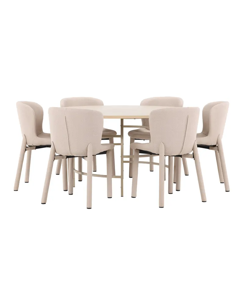 Copenhagen & Astoria Essgruppe mit rundem Esstisch und sechs Bouclé-Stühlen in Whitewash, Gestell Beige, Ansicht 3