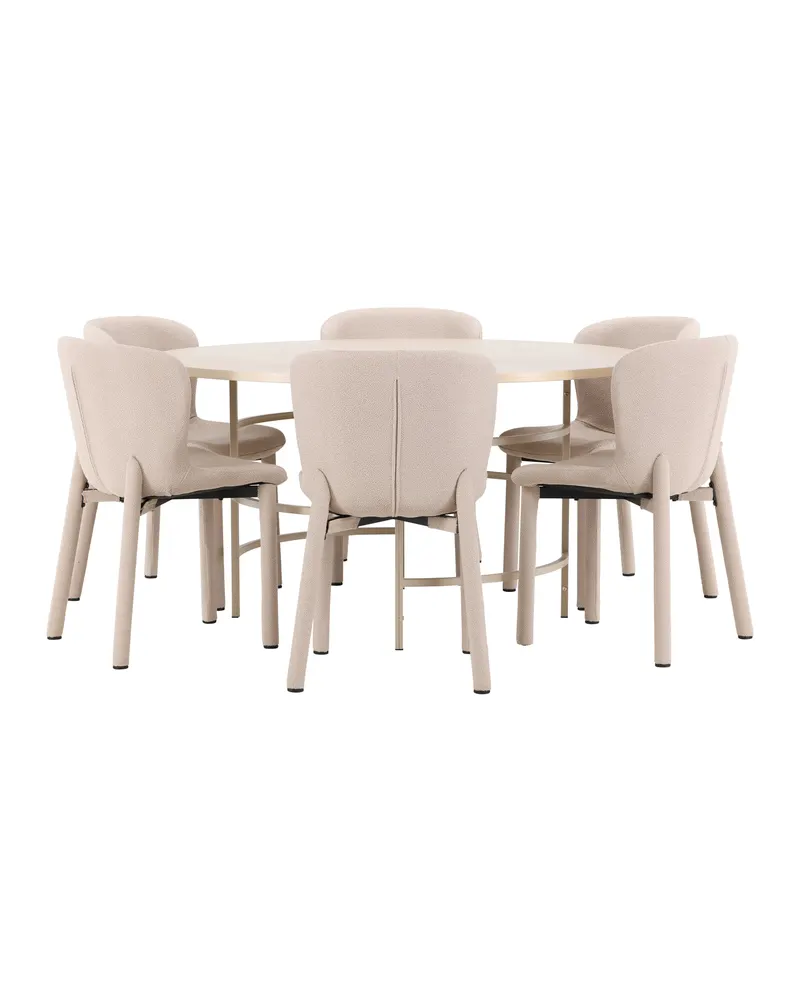 Copenhagen & Astoria Essgruppe mit rundem Esstisch und sechs Bouclé-Stühlen in Whitewash, Gestell Beige, Ansicht 4