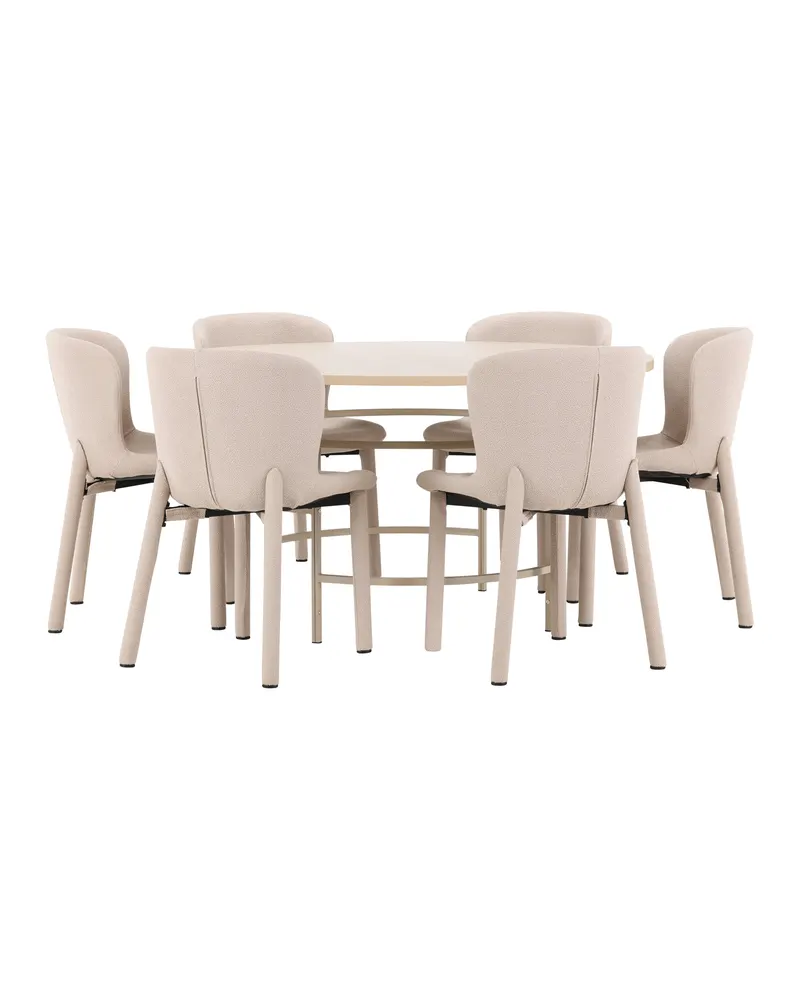 Copenhagen & Astoria Essgruppe mit rundem Esstisch und sechs Bouclé-Stühlen in Whitewash, Gestell Beige, Ansicht 5