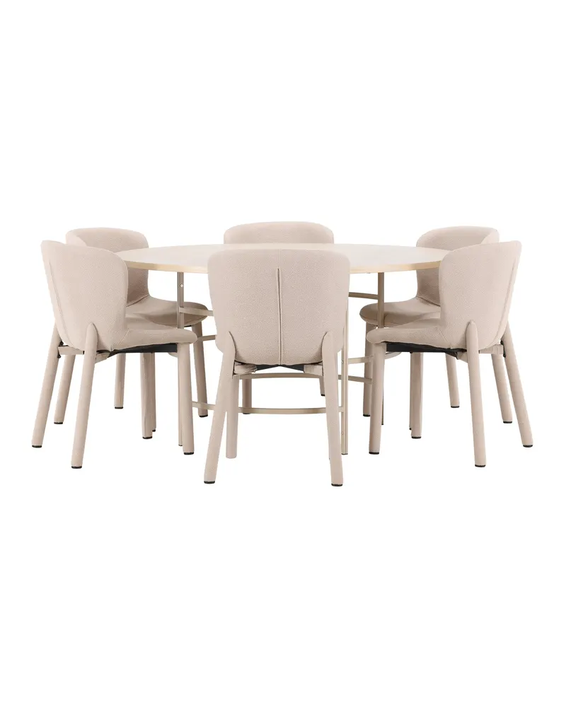 Copenhagen & Astoria Essgruppe mit rundem Esstisch und sechs Bouclé-Stühlen in Whitewash, Gestell Beige, Ansicht 6