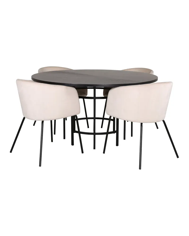 Copenhagen & Berit Essgruppe mit rundem Esstisch und 4 gepolsterten Stühlen in Ø 140 cm, Schwarz, Beige, Gestell Schwarz, Ansicht 1