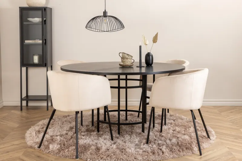 Copenhagen & Berit Essgruppe mit rundem Esstisch und 4 gepolsterten Stühlen in Ø 140 cm, Schwarz, Beige, Gestell Schwarz, im Wohnraum, Ansicht 1