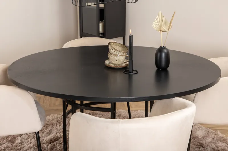 Copenhagen & Berit Essgruppe mit rundem Esstisch und 4 gepolsterten Stühlen in Ø 140 cm, Schwarz, Beige, Gestell Schwarz, im Wohnraum, Ansicht 2