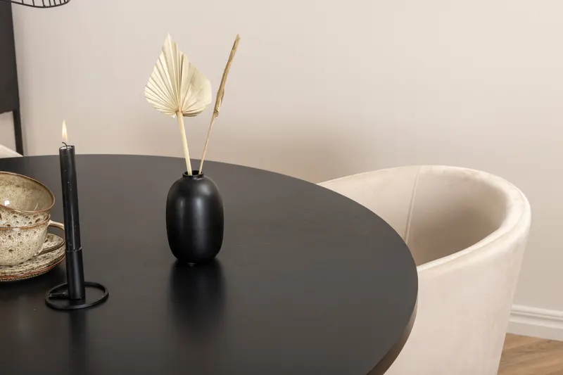 Copenhagen & Berit Essgruppe mit rundem Esstisch und 4 gepolsterten Stühlen in Ø 140 cm, Schwarz, Beige, Gestell Schwarz, im Wohnraum, Ansicht 3