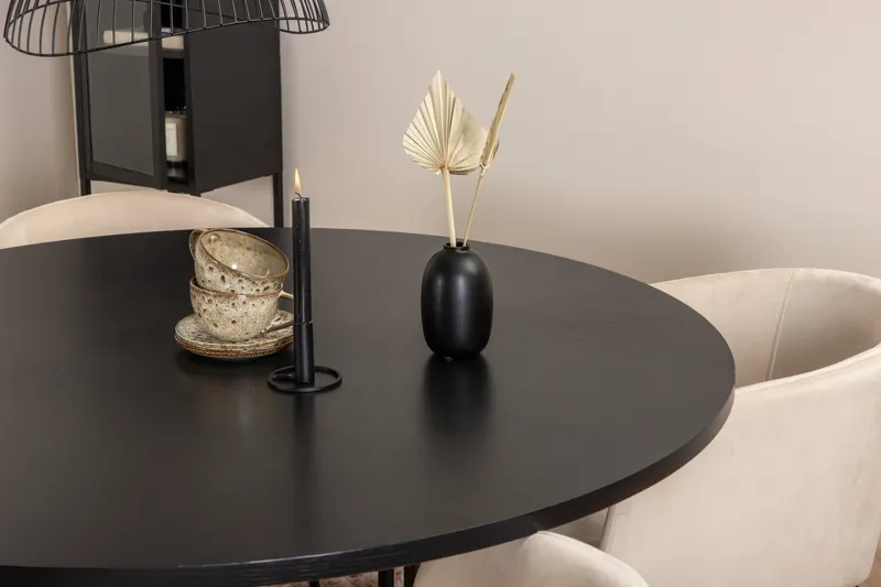 Copenhagen & Berit Essgruppe mit rundem Esstisch und 4 gepolsterten Stühlen in Ø 140 cm, Schwarz, Beige, Gestell Schwarz, im Wohnraum, Ansicht 5