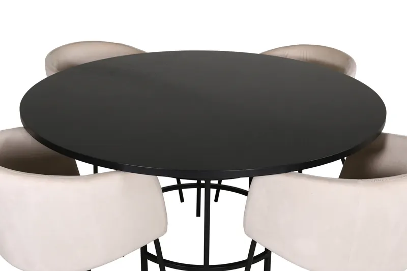 Copenhagen & Berit Essgruppe mit rundem Esstisch und 4 gepolsterten Stühlen in Ø 140 cm, Schwarz, Beige, Gestell Schwarz, Ansicht 2