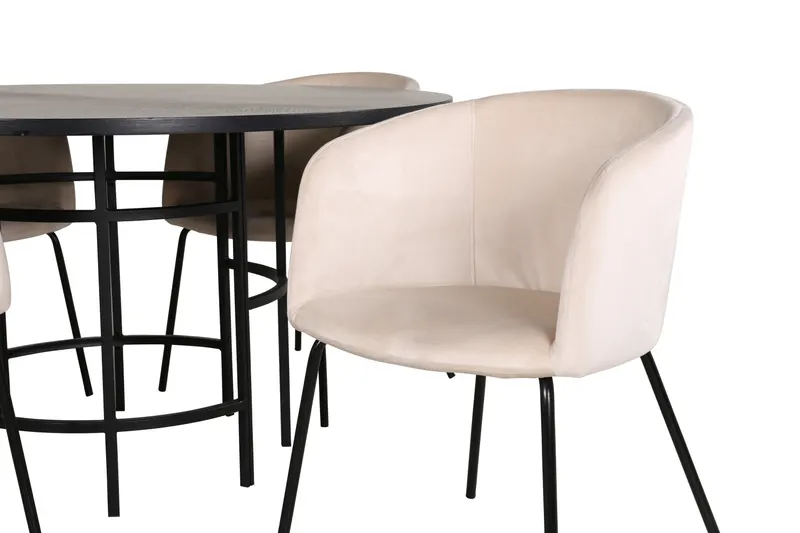 Copenhagen & Berit Essgruppe mit rundem Esstisch und 4 gepolsterten Stühlen in Ø 140 cm, Schwarz, Beige, Gestell Schwarz, Ansicht 4
