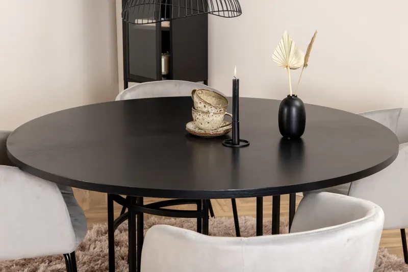 Copenhagen & Berit Essgruppe mit rundem Esstisch und 4 gepolsterten Stühlen in Ø 140 cm, Schwarz, Grau, Gestell Schwarz, im Wohnraum, Ansicht 2