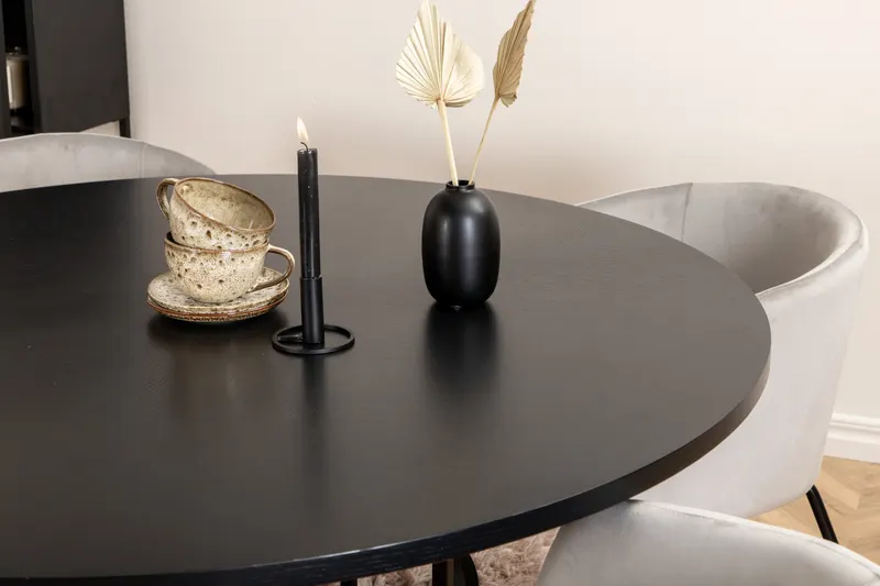 Copenhagen & Berit Essgruppe mit rundem Esstisch und 4 gepolsterten Stühlen in Ø 140 cm, Schwarz, Grau, Gestell Schwarz, im Wohnraum, Ansicht 5