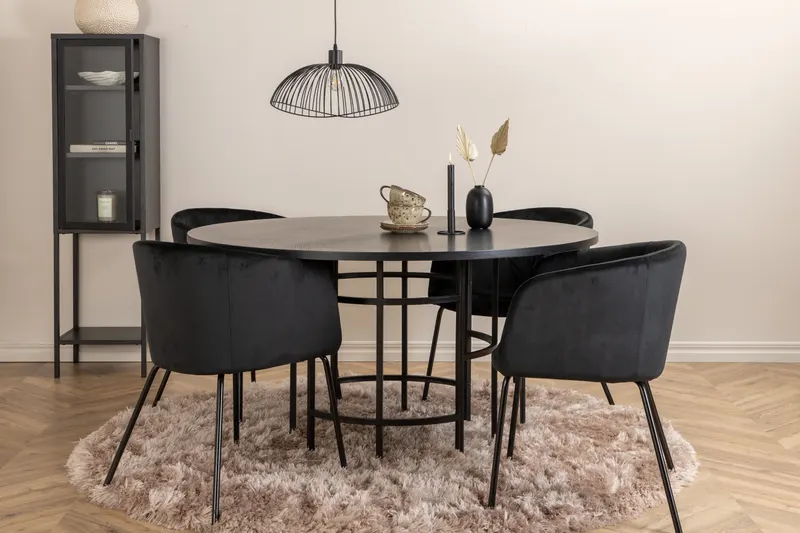 Copenhagen & Berit Essgruppe mit rundem Esstisch und 4 gepolsterten Stühlen in Ø 140 cm, Schwarz, im Wohnraum, Ansicht 1