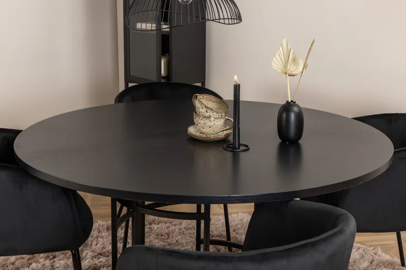 Copenhagen & Berit Essgruppe mit rundem Esstisch und 4 gepolsterten Stühlen in Ø 140 cm, Schwarz, im Wohnraum, Ansicht 2