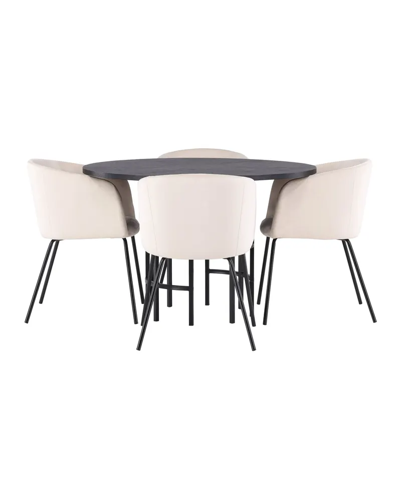 Copenhagen & Berit Essgruppe mit rundem Esstisch und 4 gepolsterten Stühlen in Ø 115 cm, Schwarz, Beige, Gestell Schwarz, Ansicht 3