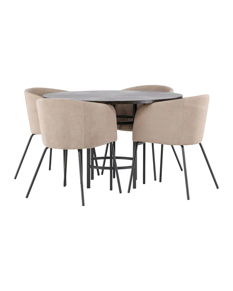 Copenhagen & Berit Essgruppe mit rundem Esstisch und 4 gepolsterten Stühlen in Ø 115 cm, Mokka, Gestell Schwarz, Beige, Ansicht 1