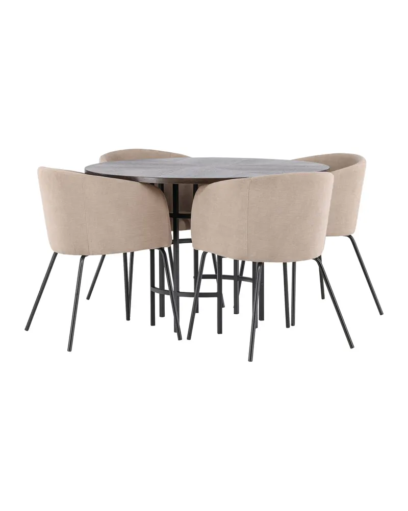 Copenhagen & Berit Essgruppe mit rundem Esstisch und 4 gepolsterten Stühlen in Ø 115 cm, Mokka, Gestell Schwarz, Beige, Ansicht 8