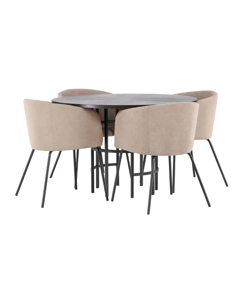 Copenhagen & Berit Essgruppe mit rundem Esstisch und 4 gepolsterten Stühlen in Ø 115 cm, Mokka, Gestell Schwarz, Beige, Ansicht 11