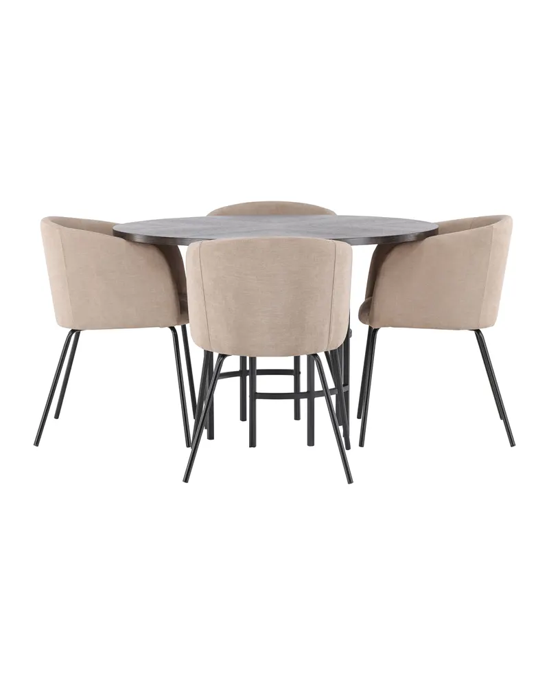 Copenhagen & Berit Essgruppe mit rundem Esstisch und 4 gepolsterten Stühlen in Ø 115 cm, Mokka, Gestell Schwarz, Beige, Ansicht 2