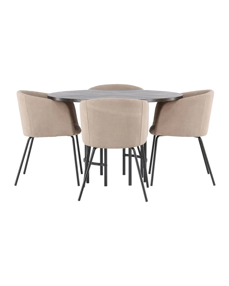 Copenhagen & Berit Essgruppe mit rundem Esstisch und 4 gepolsterten Stühlen in Ø 115 cm, Mokka, Gestell Schwarz, Beige, Ansicht 3