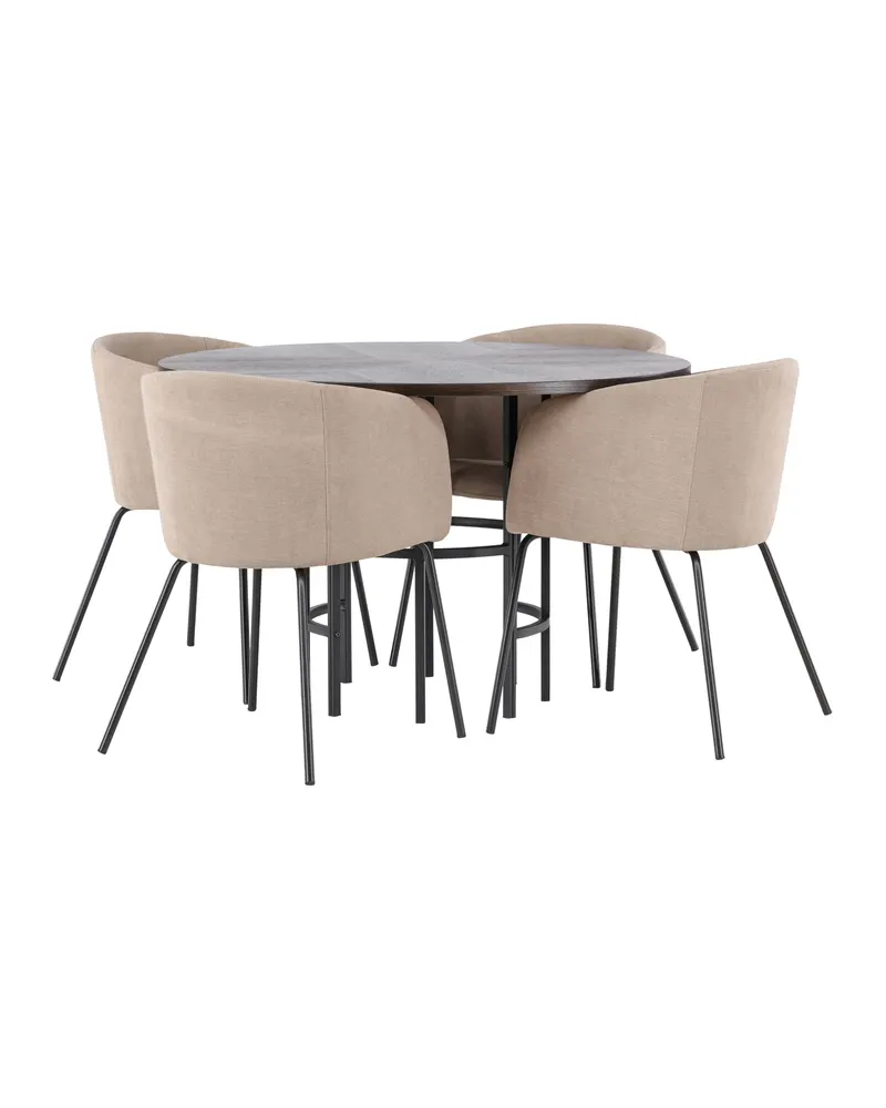 Copenhagen & Berit Essgruppe mit rundem Esstisch und 4 gepolsterten Stühlen in Ø 115 cm, Mokka, Gestell Schwarz, Beige, Ansicht 4