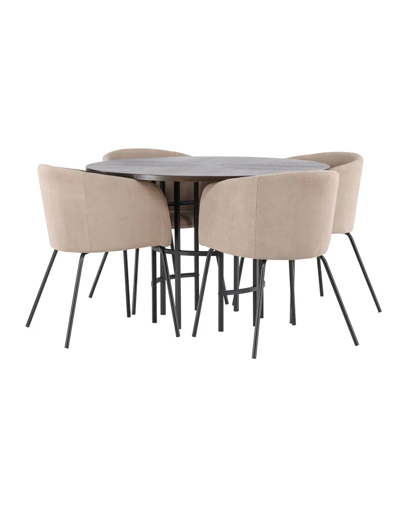 Copenhagen & Berit Essgruppe mit rundem Esstisch und 4 gepolsterten Stühlen in Ø 115 cm, Mokka, Gestell Schwarz, Beige, Ansicht 5