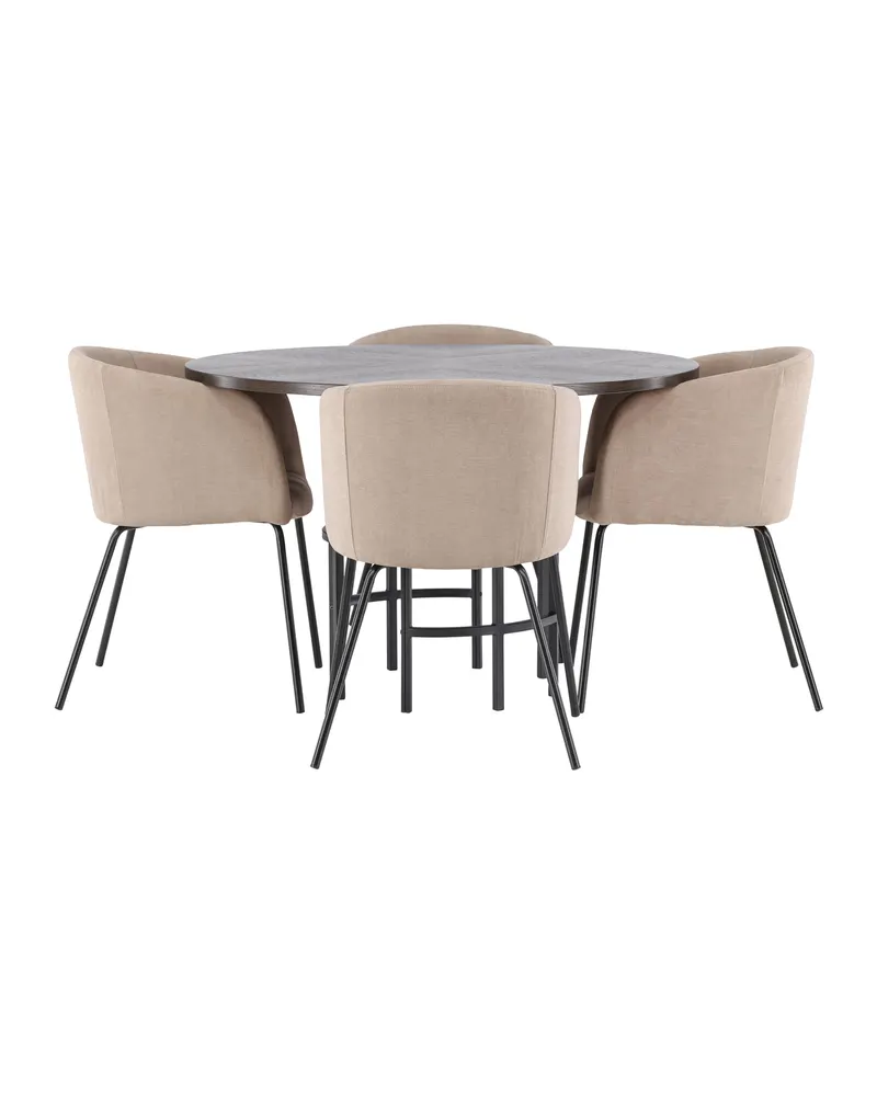 Copenhagen & Berit Essgruppe mit rundem Esstisch und 4 gepolsterten Stühlen in Ø 115 cm, Mokka, Gestell Schwarz, Beige, Ansicht 6