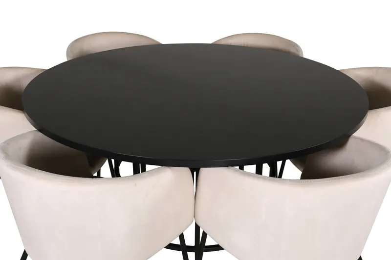 Copenhagen & Berit Essgruppe mit schwarzem rundem Esstisch und 6 gepolsterten Stühlen in Beige, Gestell Schwarz, Ansicht 2