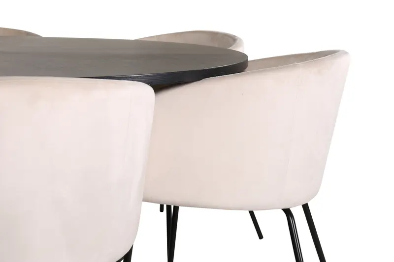 Copenhagen & Berit Essgruppe mit schwarzem rundem Esstisch und 6 gepolsterten Stühlen in Beige, Gestell Schwarz, Ansicht 3