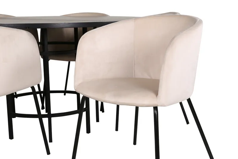 Copenhagen & Berit Essgruppe mit schwarzem rundem Esstisch und 6 gepolsterten Stühlen in Beige, Gestell Schwarz, Ansicht 4