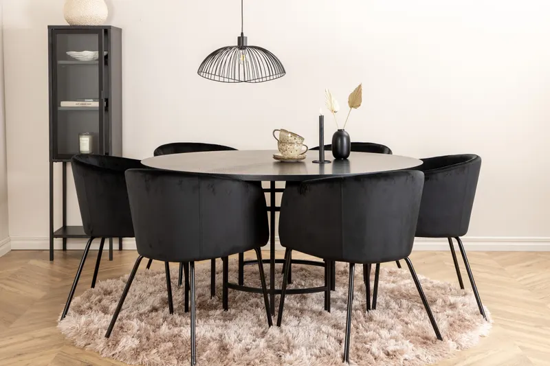Copenhagen & Berit Essgruppe mit schwarzem rundem Esstisch und 6 gepolsterten Stühlen in Schwarz, im Wohnraum, Ansicht 1