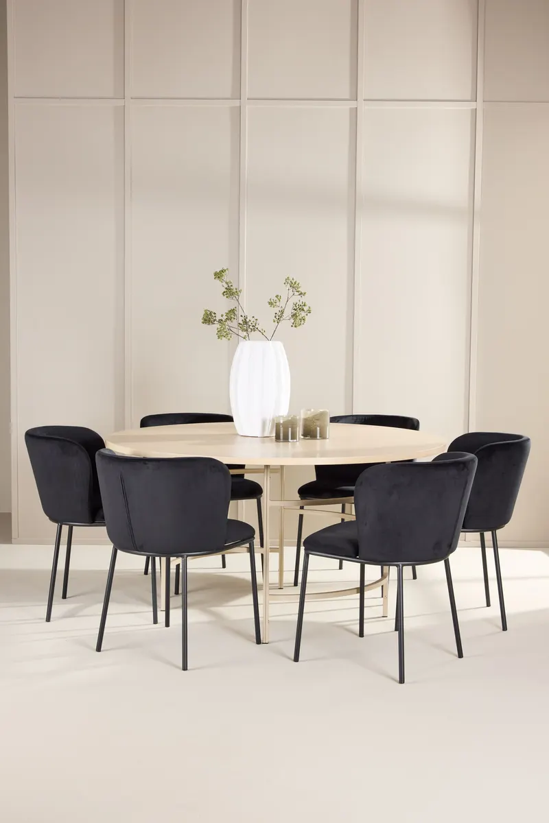 Copenhagen & Edina Essgruppe mit rundem Esstisch in Whitewash und 6 gepolsterten Stühlen in Whitewash, Gestell Beige, Schwarz, im Wohnraum, Ansicht 1