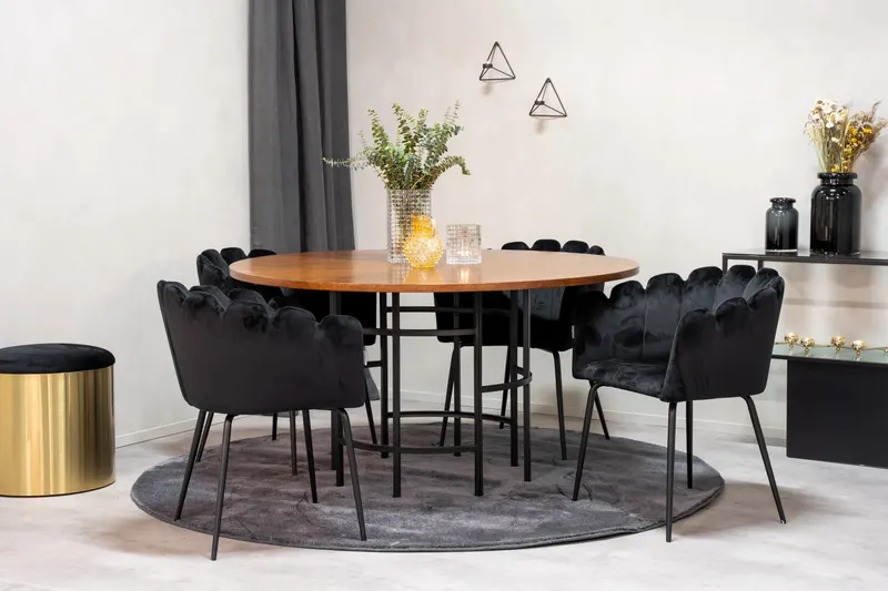 Copenhagen & Limhamn Essgruppe mit rundem Esstisch und 4 Samt-Armlehnstühlen in Ø 140 cm, Braun, Gestell Schwarz, im Wohnraum, Ansicht 2