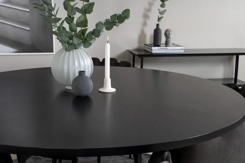 Copenhagen & Limhamn Essgruppe mit rundem Esstisch und 4 Samt-Armlehnstühlen in Ø 140 cm, Schwarz, Grau, Gestell Schwarz, im Wohnraum, Ansicht 3