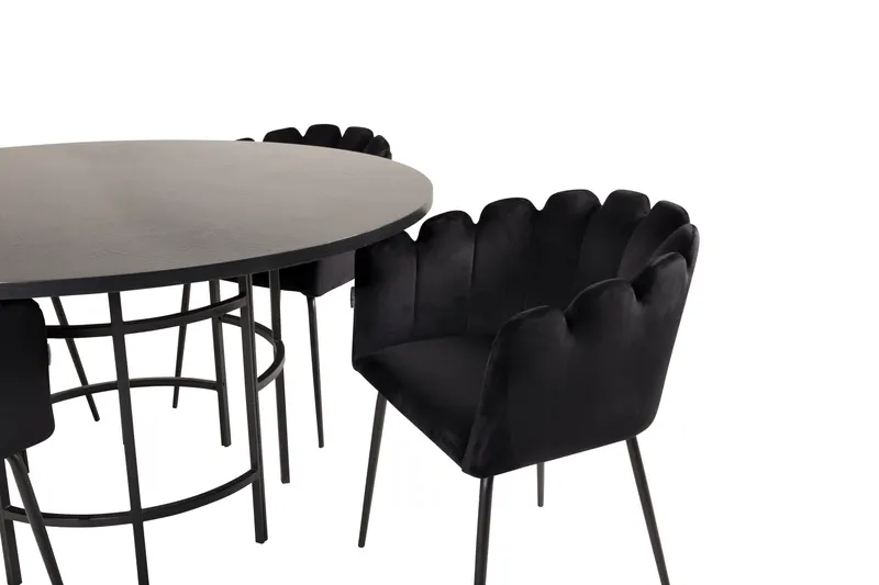 Copenhagen & Limhamn Essgruppe mit rundem Esstisch und 4 Samt-Armlehnstühlen in Ø 140 cm, Schwarz, Ansicht 3