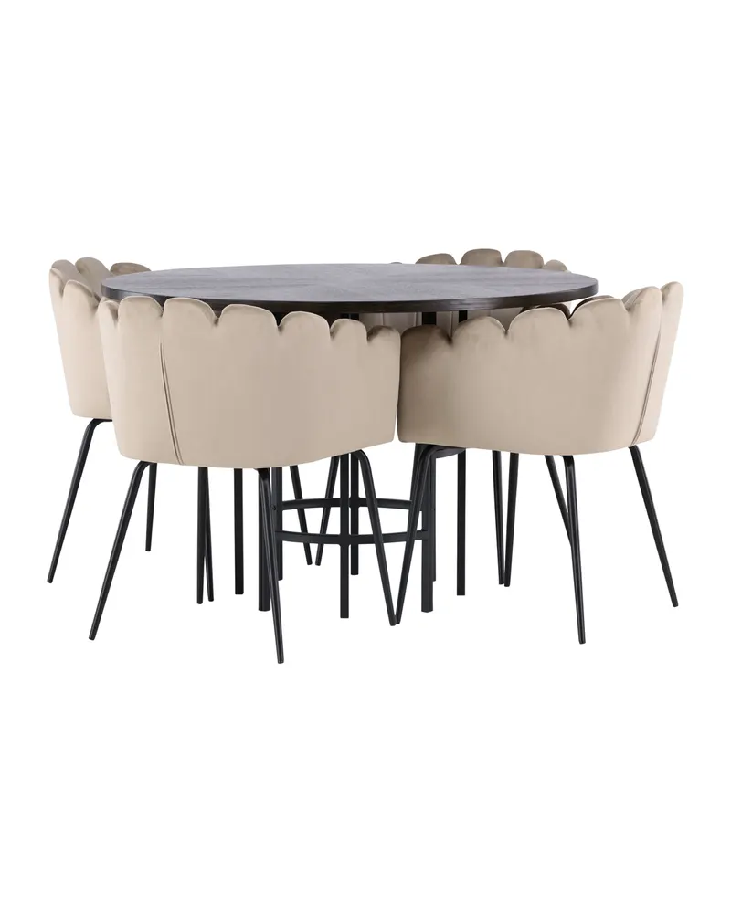 Copenhagen & Limhamn Essgruppe mit rundem Esstisch und 4 Samt-Armlehnstühlen in Ø 115 cm, Mokka, Gestell Schwarz, Beige, Ansicht 1