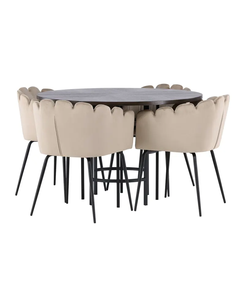 Copenhagen & Limhamn Essgruppe mit rundem Esstisch und 4 Samt-Armlehnstühlen in Ø 115 cm, Mokka, Gestell Schwarz, Beige, Ansicht 7