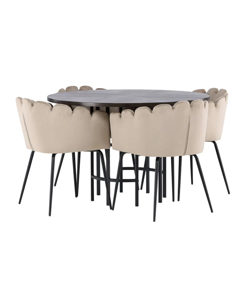 Copenhagen & Limhamn Essgruppe mit rundem Esstisch und 4 Samt-Armlehnstühlen in Ø 115 cm, Mokka, Gestell Schwarz, Beige, Ansicht 8
