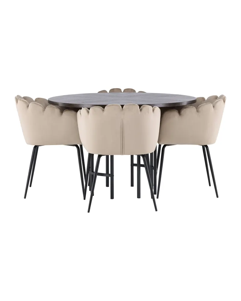 Copenhagen & Limhamn Essgruppe mit rundem Esstisch und 4 Samt-Armlehnstühlen in Ø 115 cm, Mokka, Gestell Schwarz, Beige, Ansicht 9