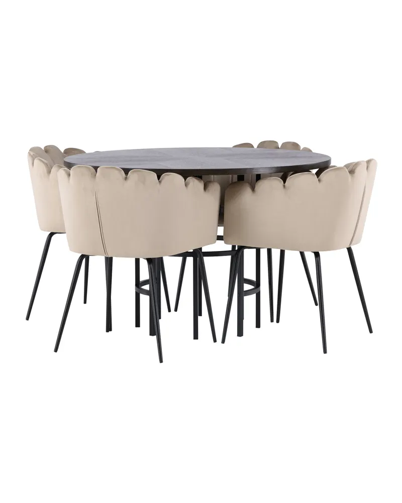 Copenhagen & Limhamn Essgruppe mit rundem Esstisch und 4 Samt-Armlehnstühlen in Ø 115 cm, Mokka, Gestell Schwarz, Beige, Ansicht 10
