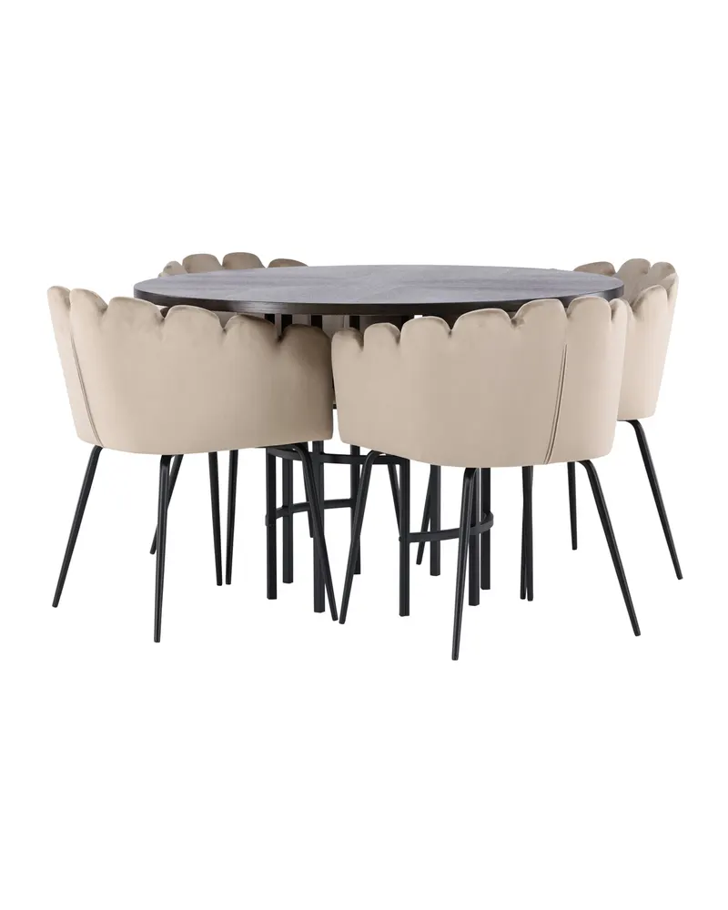 Copenhagen & Limhamn Essgruppe mit rundem Esstisch und 4 Samt-Armlehnstühlen in Ø 115 cm, Mokka, Gestell Schwarz, Beige, Ansicht 11