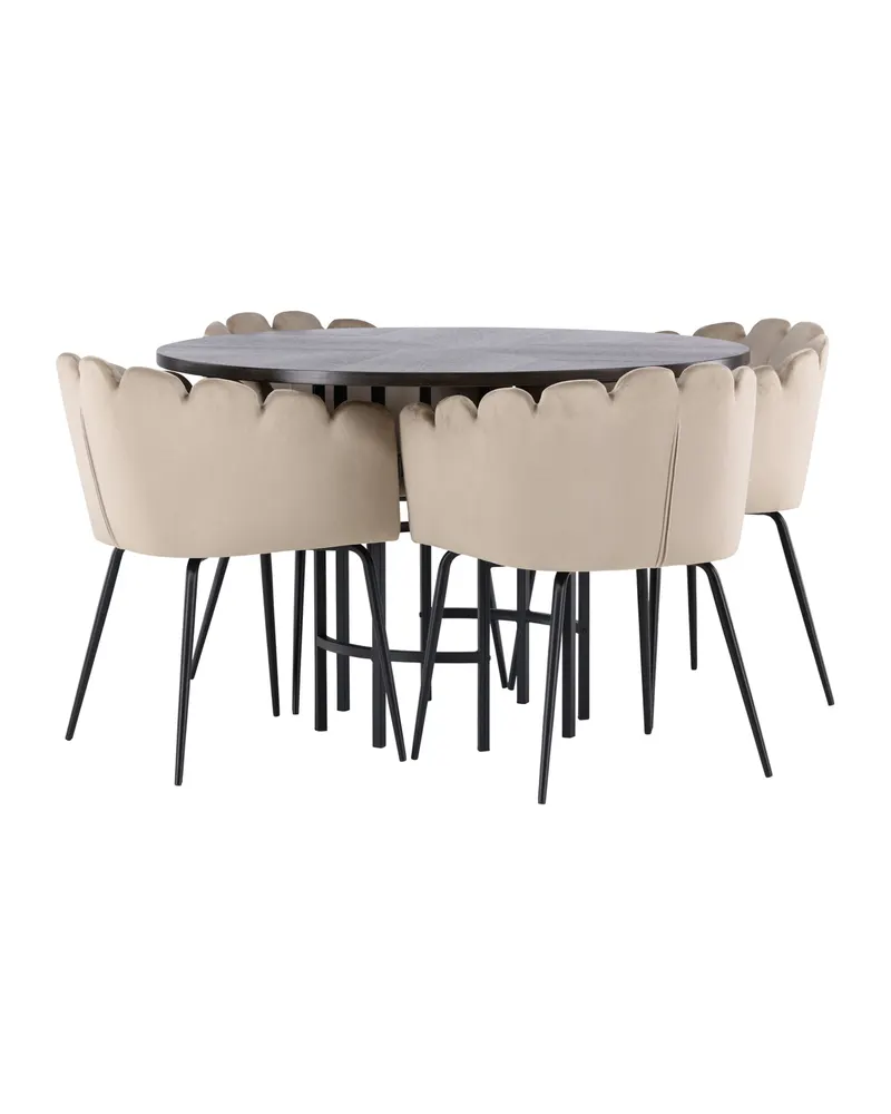 Copenhagen & Limhamn Essgruppe mit rundem Esstisch und 4 Samt-Armlehnstühlen in Ø 115 cm, Mokka, Gestell Schwarz, Beige, Ansicht 12