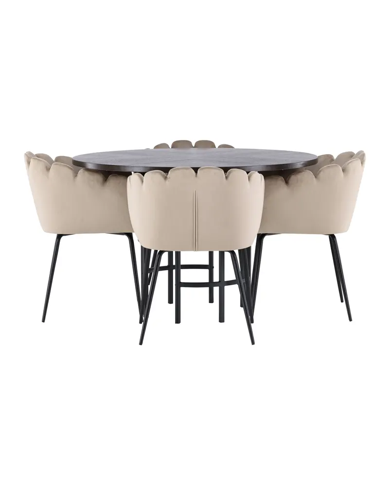 Copenhagen & Limhamn Essgruppe mit rundem Esstisch und 4 Samt-Armlehnstühlen in Ø 115 cm, Mokka, Gestell Schwarz, Beige, Ansicht 2