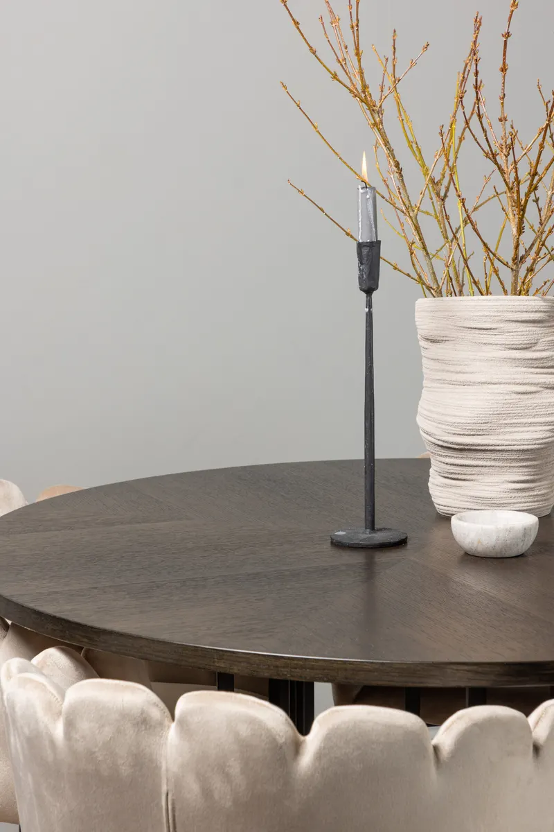 Copenhagen & Limhamn Essgruppe mit rundem Esstisch und 4 Samt-Armlehnstühlen in Ø 115 cm, Mokka, Gestell Schwarz, Beige, im Wohnraum, Ansicht 3