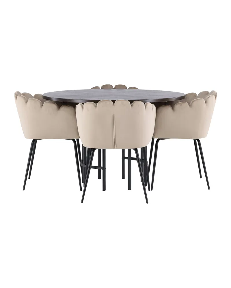 Copenhagen & Limhamn Essgruppe mit rundem Esstisch und 4 Samt-Armlehnstühlen in Ø 115 cm, Mokka, Gestell Schwarz, Beige, Ansicht 3
